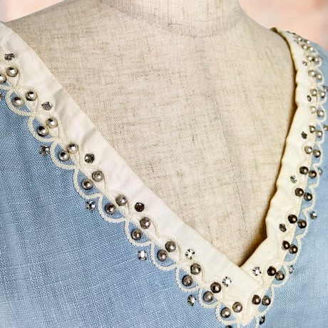 50’s Light Blue Linen Embellished Dress