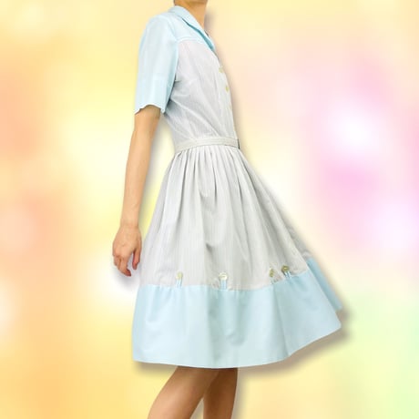 70’s Aquablue & White Striped Belted Dress