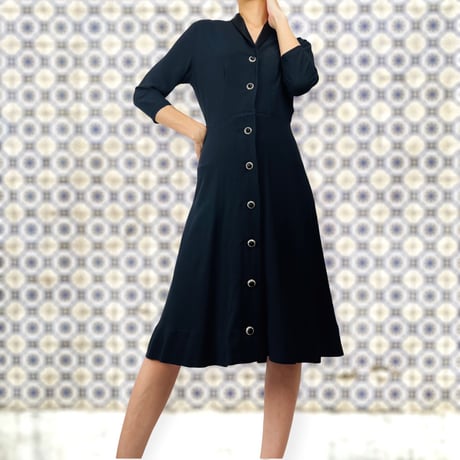 50’s Black Crepe Rhinestone Button Up Shirt Dress