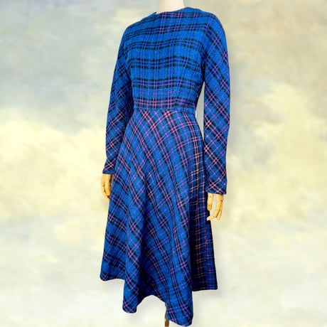 50’s Blue & Multicolor Plaid Midi Dress
