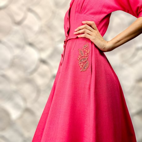30's Coral Buttoned Linen Midi Dress