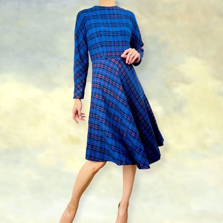 50’s Blue & Multicolor Plaid Midi Dress
