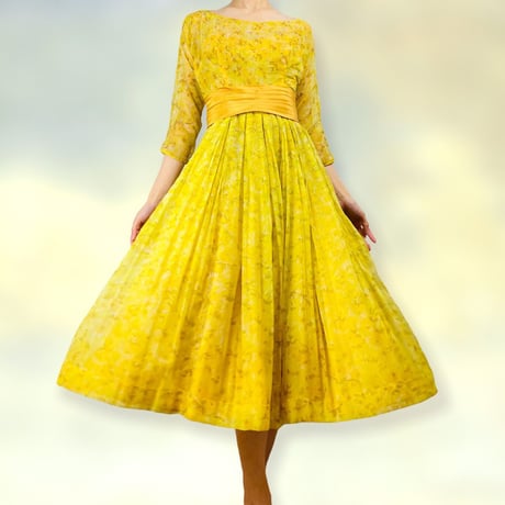 50’s Party Dress Full Skirt Yellow Floral Chiffon