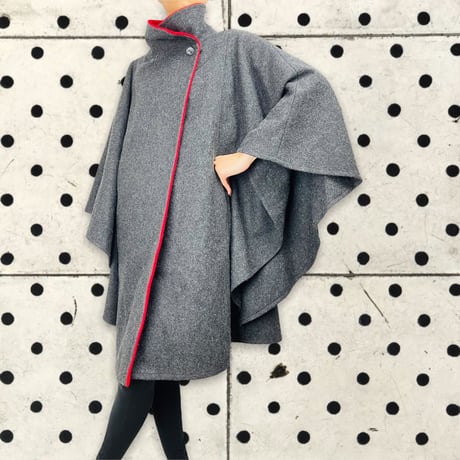 60's Charcoal Wool Cape with Bright Red Accents