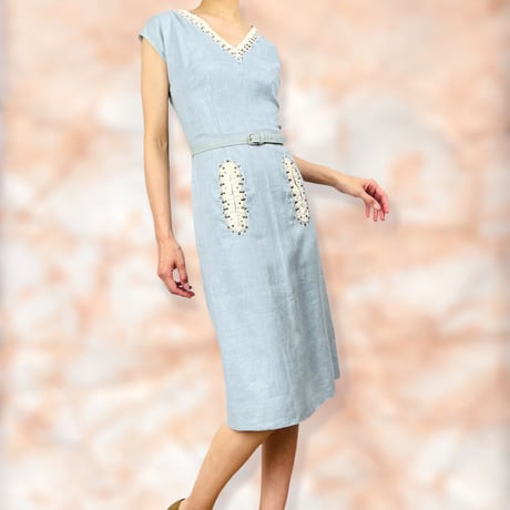 50’s Light Blue Linen Embellished Dress