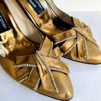 Stuart Weizman Gold Bow Shoes with Rhinestone