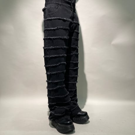 切替デニムフレアパンツ(ブラック)