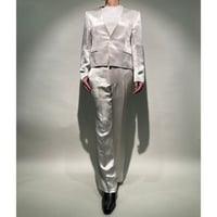 ラペルレスノーカラー1Bショートジャケット&タイトフレアスラックス(ベージュ)