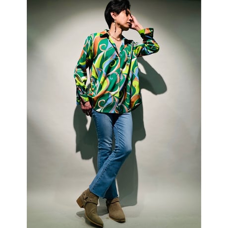 レトロ総柄シャツ(グリーン)