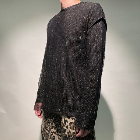 ラメメッシュクルーTEE(ブラック×ゴールド)