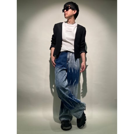 ラペルレスノーカラー1Bショートジャケット&タイトフレアスラックス(ブラック)