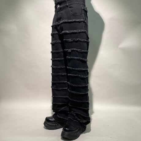 切替デニムフレアパンツ(ブラック)