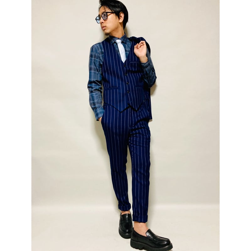 ダブルジャケットスリーピーススーツ(ボールドストライプネイビー