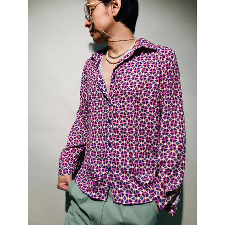チェック&ダイヤ総柄シャツ(パープル)