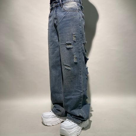 バックハードクラッシュワイドデニムパンツ