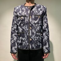 ジャガードデニムノーカラージャケット(ネイビー)