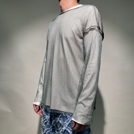 ラメメッシュクルーTEE(ミント×ゴールド)
