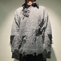 チェックカラーレイヤークラッシュクルーニット