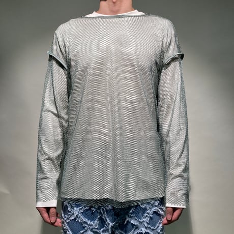 ラメメッシュクルーTEE(ミント×ゴールド)