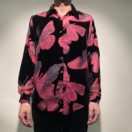 ベロア&オパールバタフライ柄シャツL/S