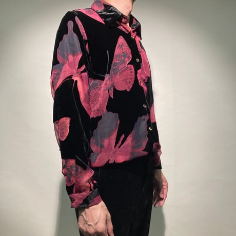 ベロア&オパールバタフライ柄シャツL/S