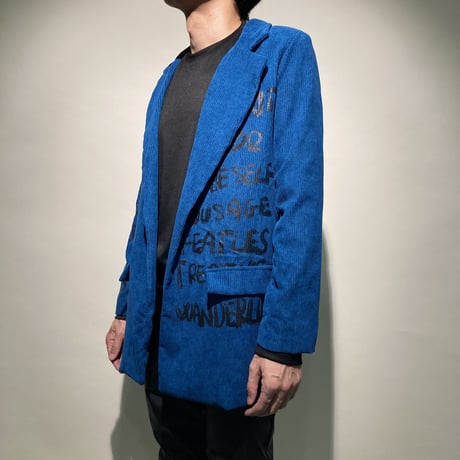 コーデュロイ×英字アシンメトリープリントジャケット(ブルー)