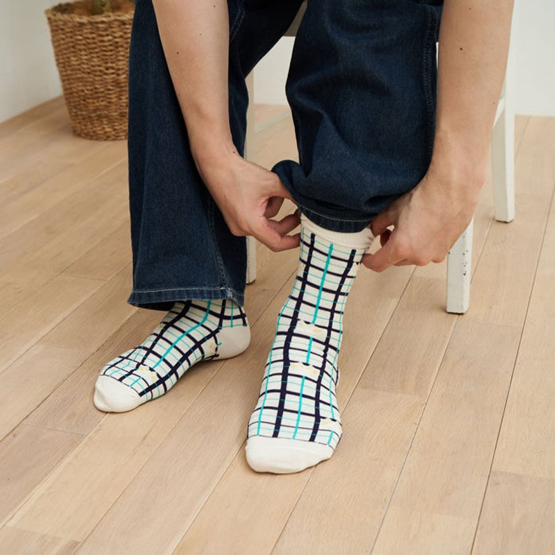 メンズクルーソックス ねこチェック柄 綿 25～27cm 5色展開 日本製