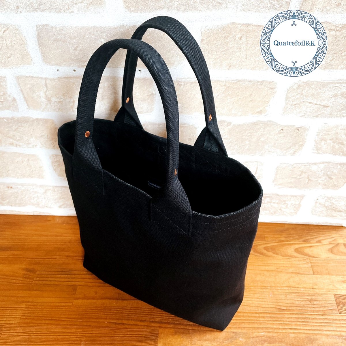 8号帆布 ピュアブラック スクエアのキャンバストートバッグ* ポケット