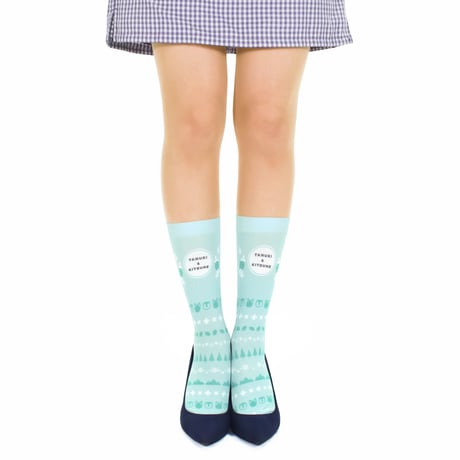 【キャラクターグッズ】タヌキとキツネ　CS-0189【さわやかボーダー】プリントクルーソックス