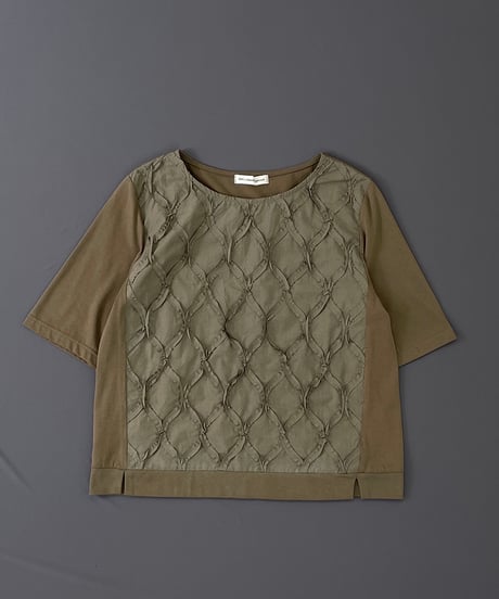 コットン 共布テープ 刺しゅう + ソフト天竺 ・ ハーフスリーブ 切替 カットソー / 1158059
