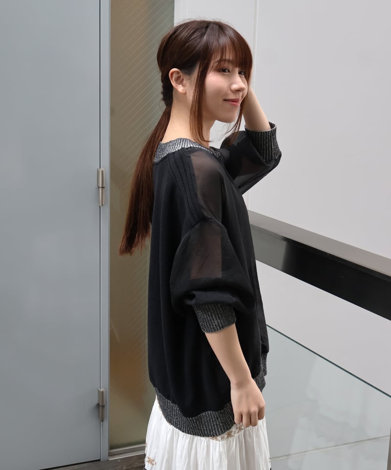 ourhome たっぷりギャザーのきれいめブルゾン　ブラック etre relie】P/Nyオーガンジーギャザーニットブルゾン. 153202