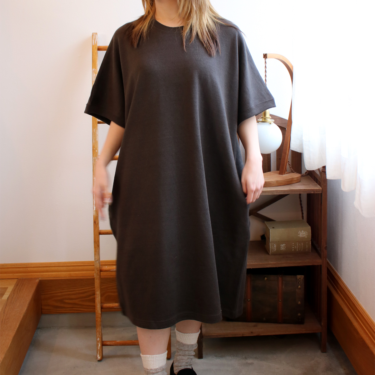 AZ-02-007 リネンコットン モモンガワンピース：charcoal | 亜麻色雑貨店