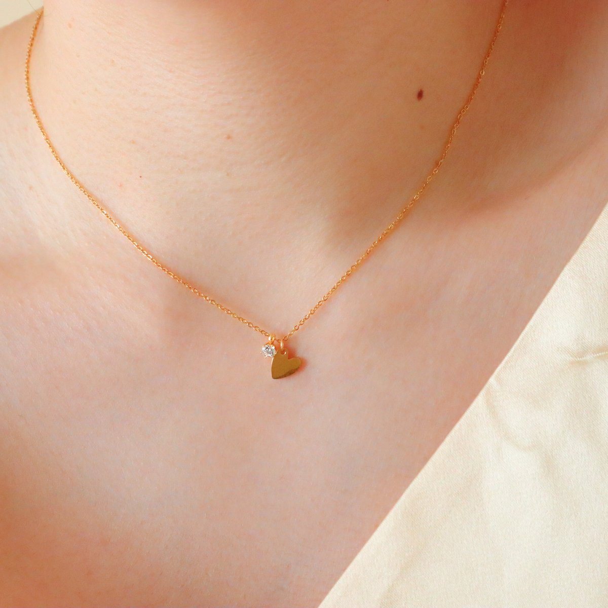 金アレ対応】ハートチャームネックレス Heart & Cupidジルコニア(small