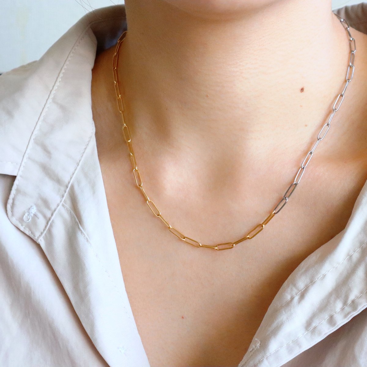 金アレ対応】スクエアデザインチェーンネックレス(コンビ) | mikka