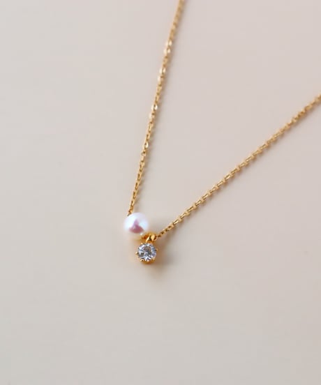 【金アレ対応】Heart & Cupid 一粒ジルコニア&AAA淡水パールネックレス (small)