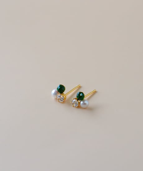 【金アレ対応】リュールピアス グリーン Heart & Cupidジルコニア&AAA淡水パール