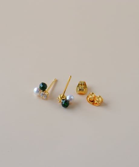 【金アレ対応】リュールピアス グリーン Heart & Cupidジルコニア&AAA淡水パール