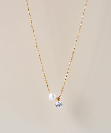 【金アレ対応】Heart & Cupid 一粒ジルコニア&AAA淡水パールネックレス (large)