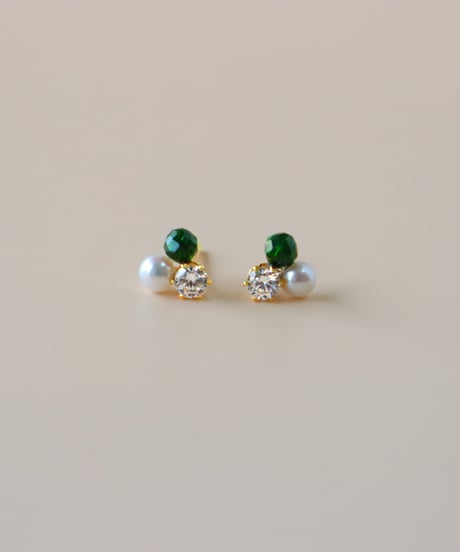 【金アレ対応】リュールピアス グリーン Heart & Cupidジルコニア&AAA淡水パール