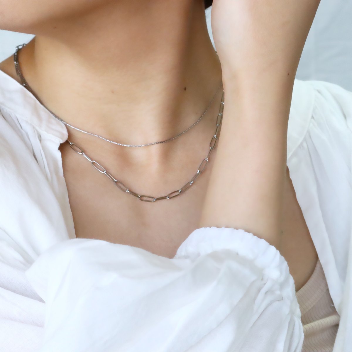 金アレ対応】スクエアデザインチェーンネックレスシルバー | mikka