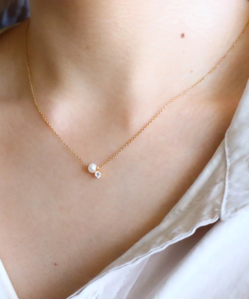 金アレ対応】Heart & Cupid 一粒ジルコニア&AAA淡水パールネックレス