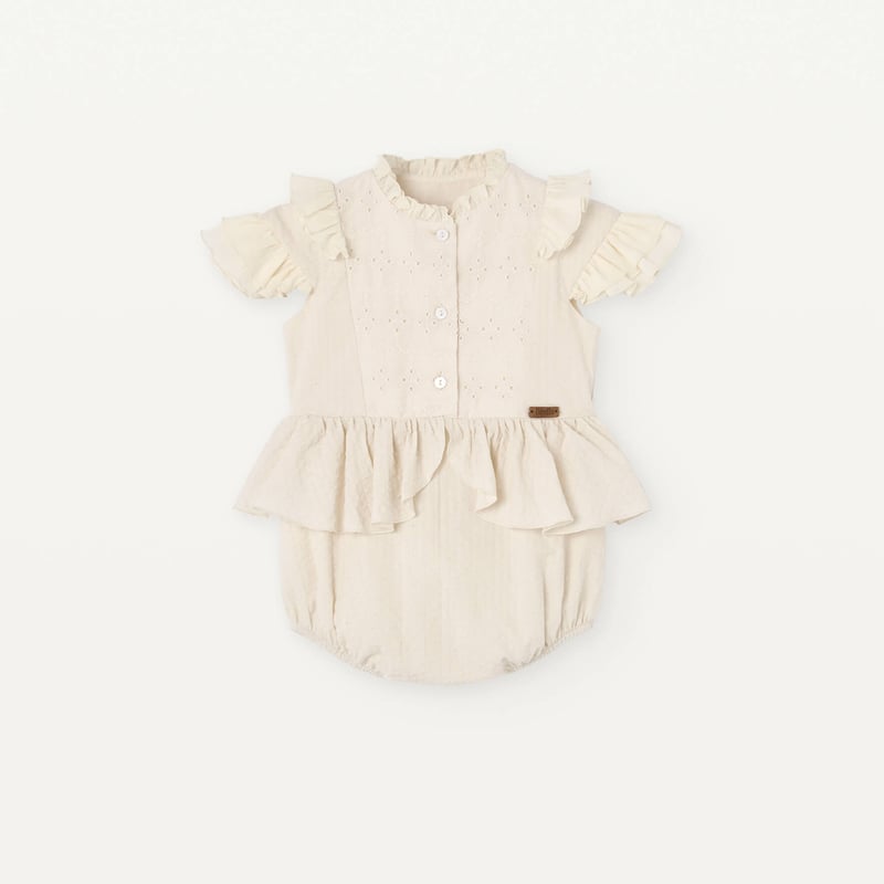 Popelin】Off-white contrasting romper suit with