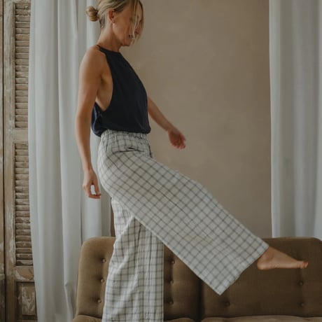 【organic zoo】Women's Navy Window Check Wide Leg Pants