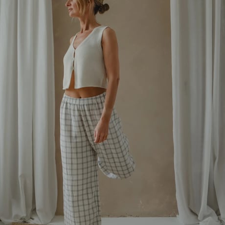 【organic zoo】Women's Navy Window Check Wide Leg Pants