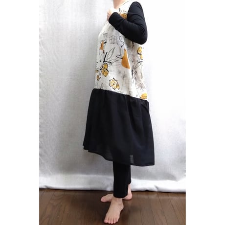 リネンギャザーワンピース　ベージュ黒　　　　　　　【No．3603-5170】