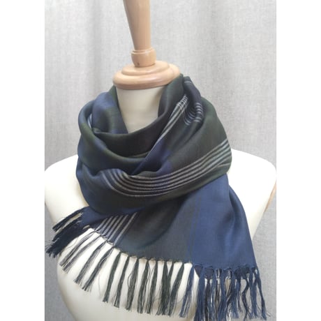 シルクチェックストール　紺グリーン　　　　　　　　【No．3703-5419】