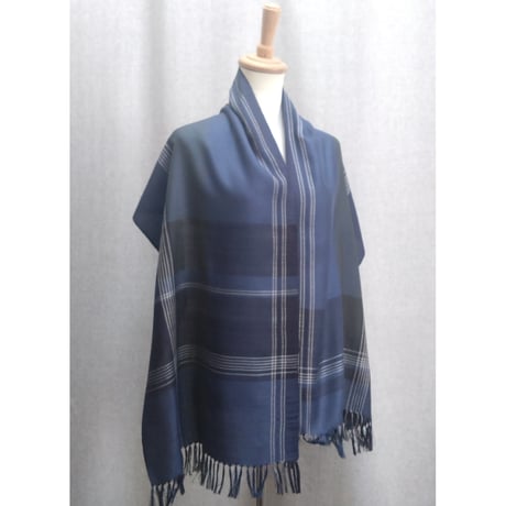 シルクチェックストール　紺グリーン　　　　　　　　【No．3703-5420】