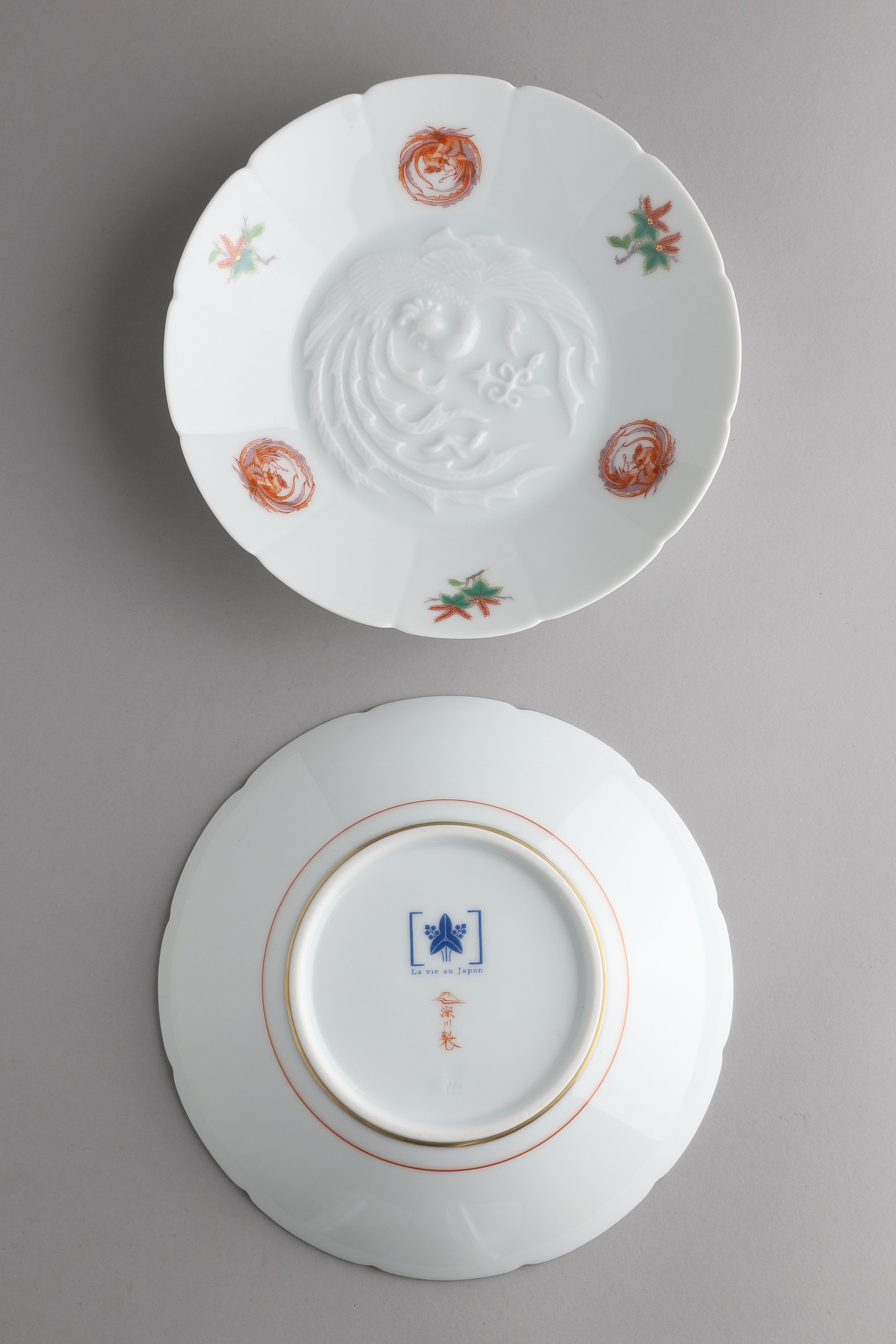 深川製磁 鳳凰文 輪花皿 木箱入り original