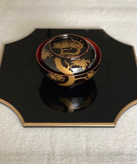 紀州塗り黒漆金縁プレート29㎝(中央16㎝)