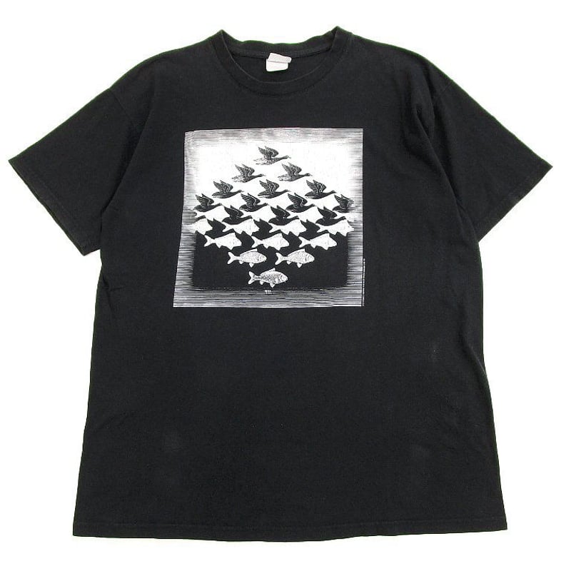 L 着画アリEscher エッシャー Tシャツ 総柄 騙し絵　空と水